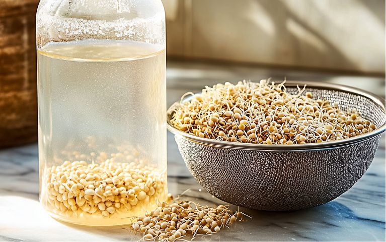 Barattolo di Rejuvelac in fermentazione accanto a un colino pieno di cereali germogliati