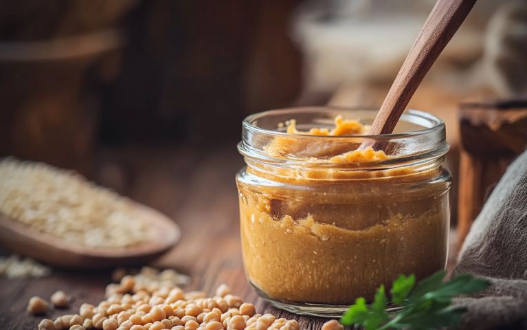 Barattolo di miso di ceci fatto in casa, circondato da ceci secchi e chicchi di riso, con un cucchiaio di legno imerso nel miso