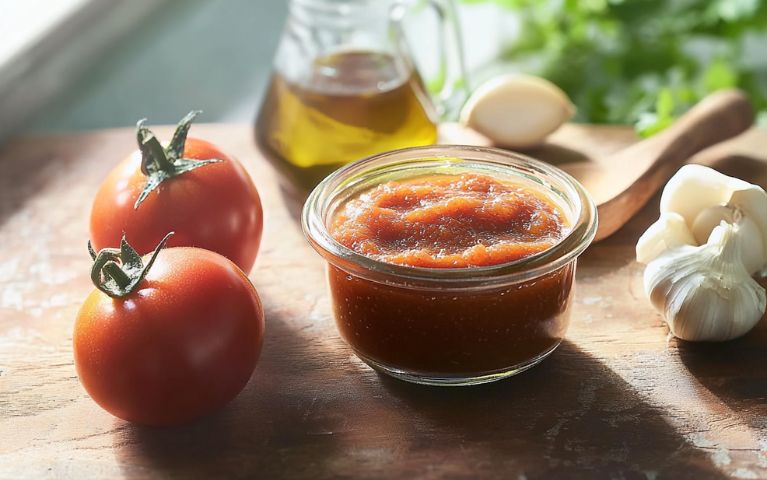 Vaso di vetro contenente miso di pomodoro, circondato da pomodori freschi, aglio e olio d’oliva su ua superficie rustica