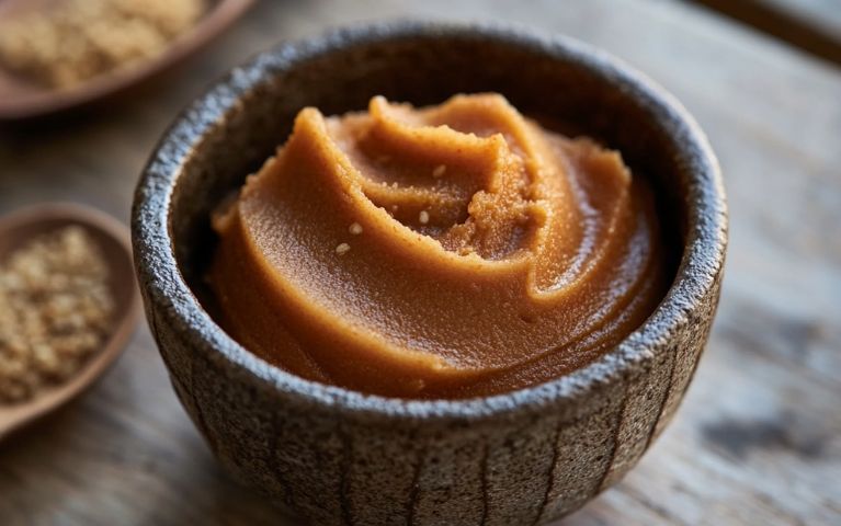 Pasta di miso di pomodoro in una ciotola di ceramica, con una texture liscia e semi di sesamo sparsi accanto