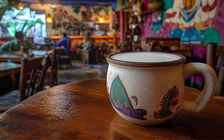 Tazza di pulque tradizionale messicano su un tavolo di legno in una pulquería deorata - immagine generata