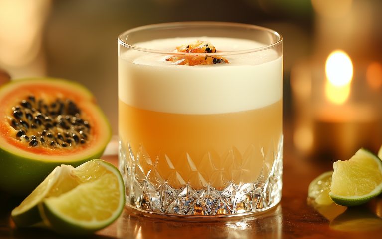 Cocktail a base di pulque con lime e frutta tropicale, servito in un bicchiere elegante - immagine generata