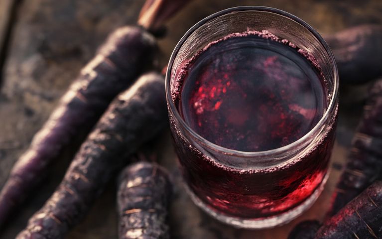 Primo piano di un bicchiere di şalgam accanto a carote nere, ingrediente base della bevanda