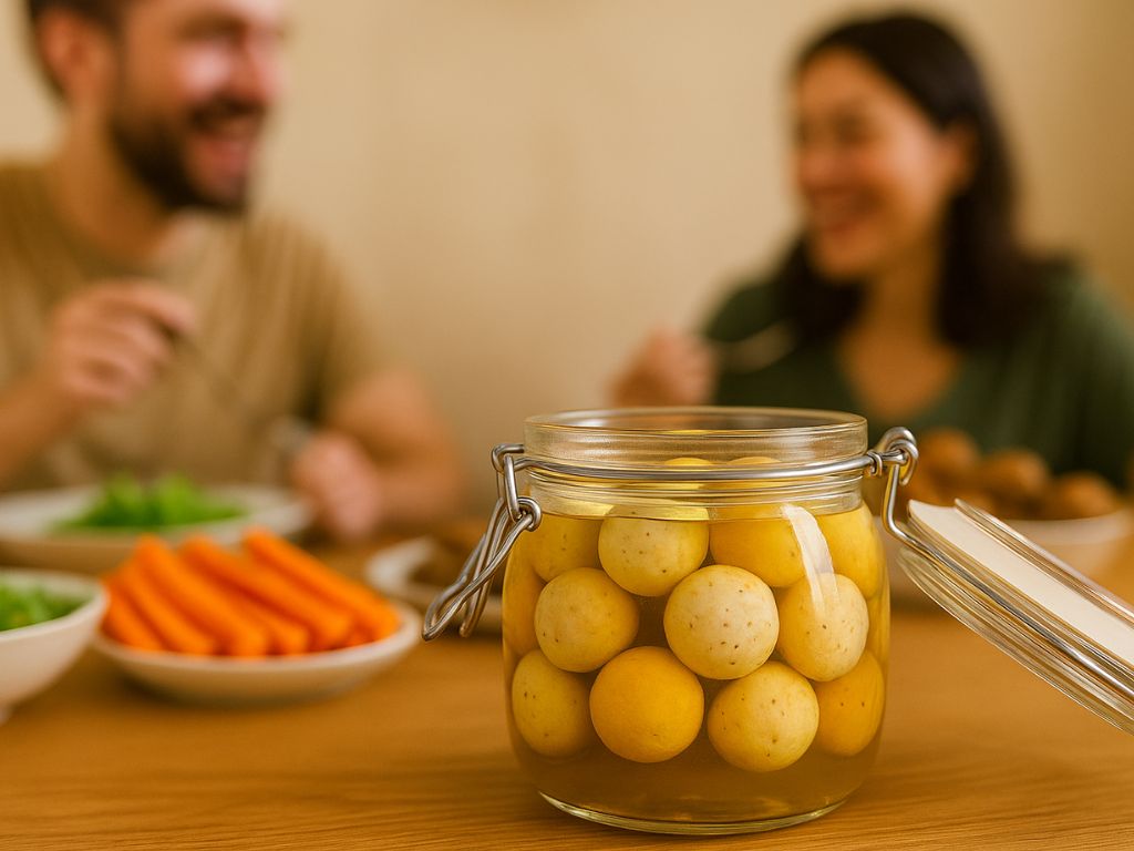 un barattolo di kechek libanese su una tavola imbandita di alimenti vegetali. Immagine gen erata a scopo illustrativo.