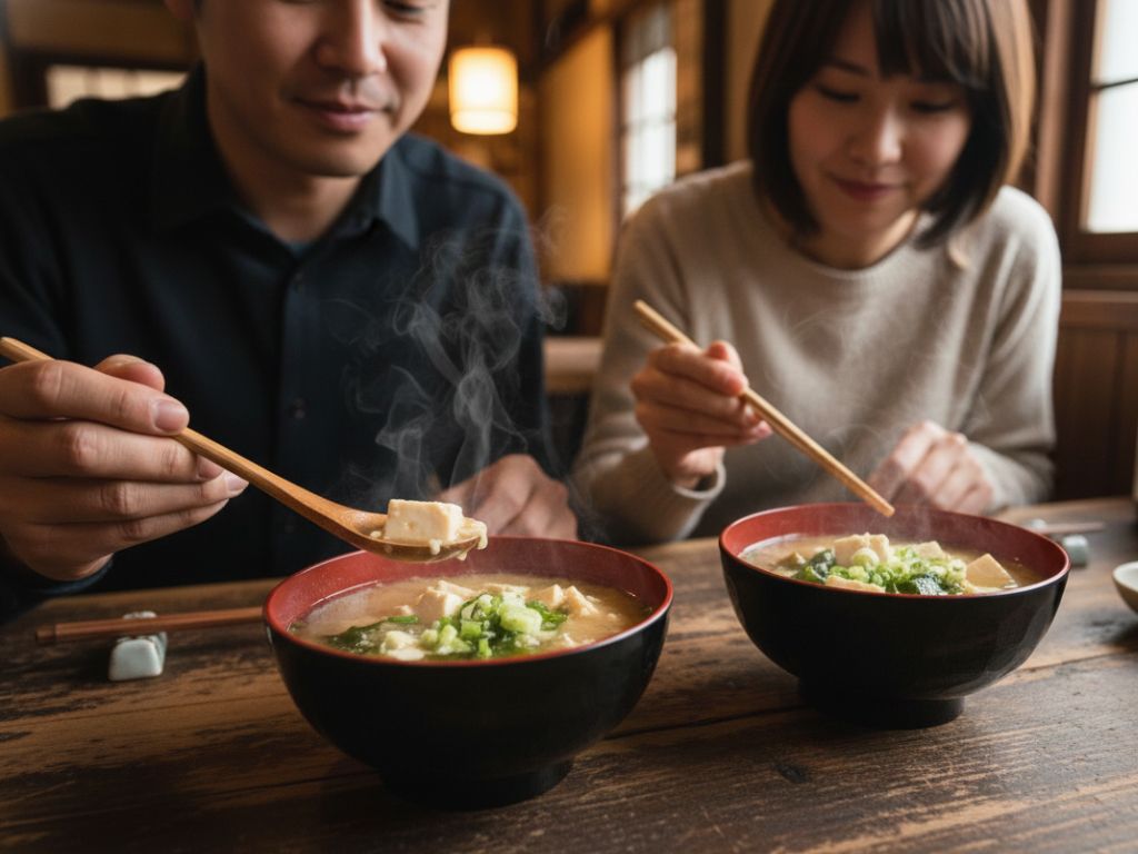 due persone che mangiano un brodo di miso, o zuppa di miso, preparato secondo la ricetta originale con tofu e alghe